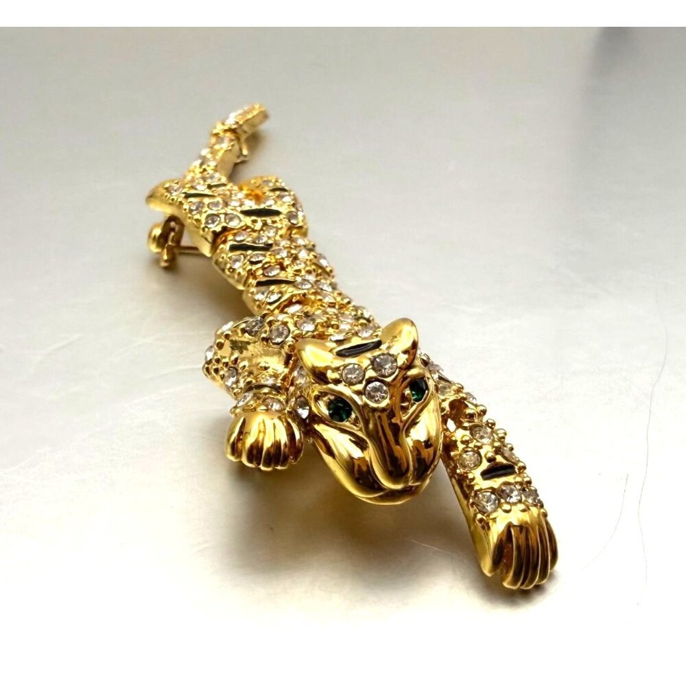 Vintage Rhinestone Tiger Brooch Gold Tone Leopard Big Cat Statement Jewelry